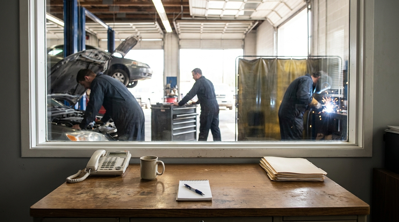 View from inside a small shop manager's office: a tidy desk with phone, coffee mug, and notepad in the foreground. Through a large interior window behind the desk, tradespeople in coveralls are visible working on the shop floor, slightly out of focus. Natural light from open bay doors fills the shop.
