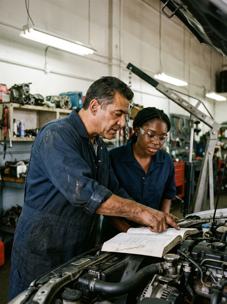 A journeyman mechanic in greasy navy coveralls leans over a diesel engine reading a service manual while a young woman apprentice in safety glasses watches and learns. Real working garage, real grit.