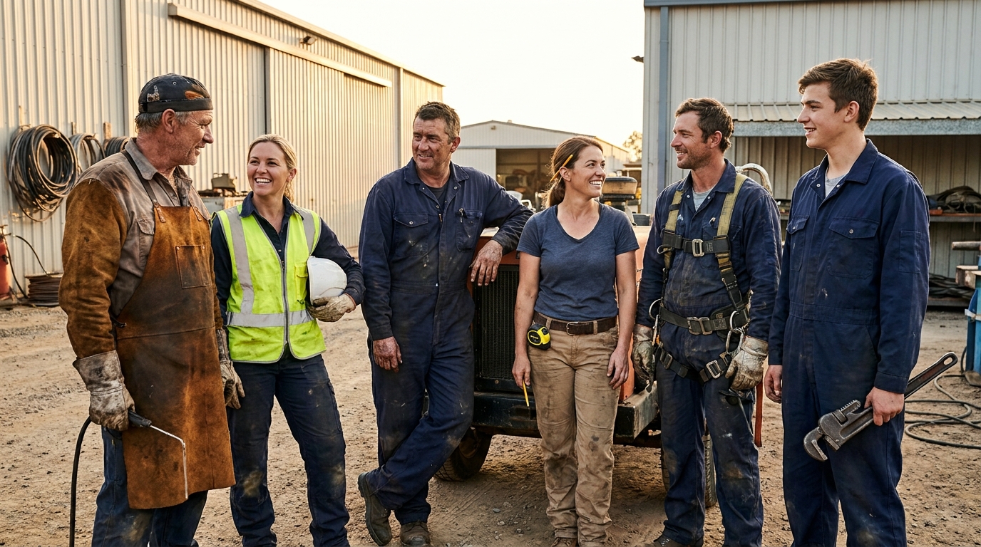 A diverse group of skilled trades workers standing together candidly outside a workshop at the end of a workday: welder in leather apron, female electrician in high-vis, heavy-duty mechanic in coveralls, female carpenter, powerline technician in climbing gear, and an apprentice millwright.
