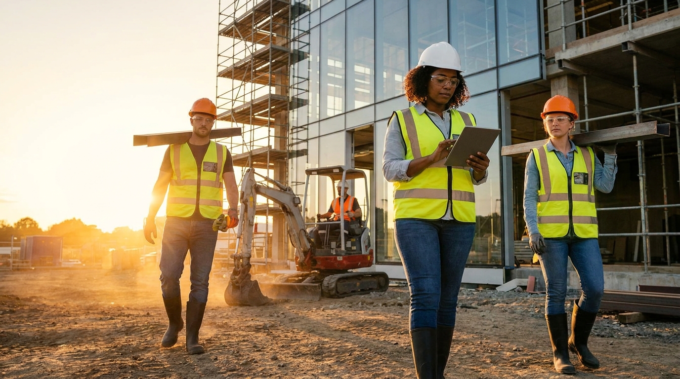 Construction crew walking across jobsite at golden hour