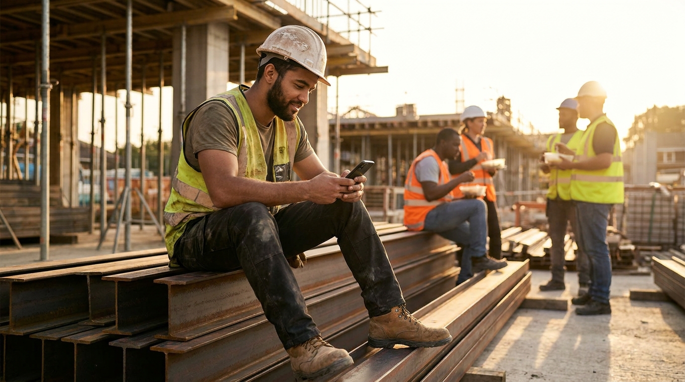 Skilled trades worker studying on his phone during a break at a construction site