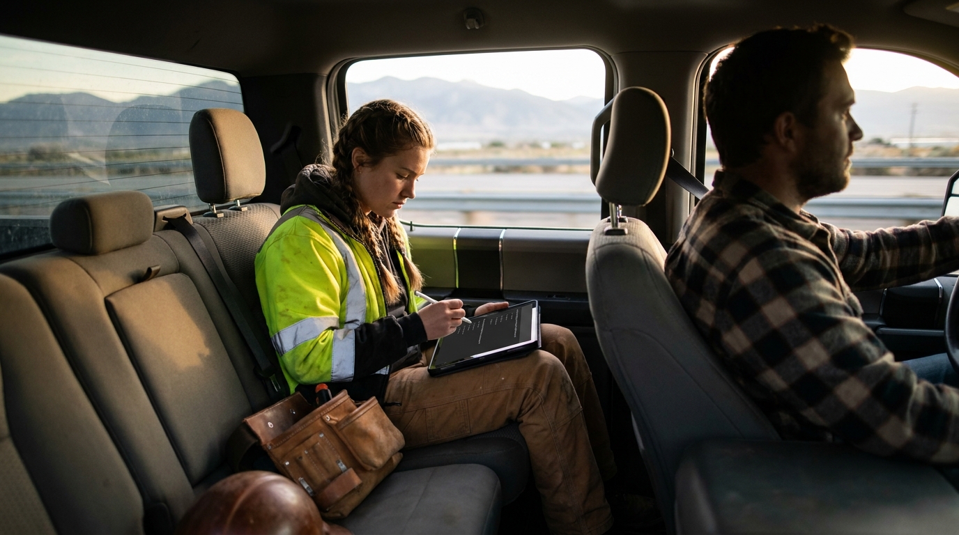 Apprentice studying on a tablet in the back of a work truck during her commute