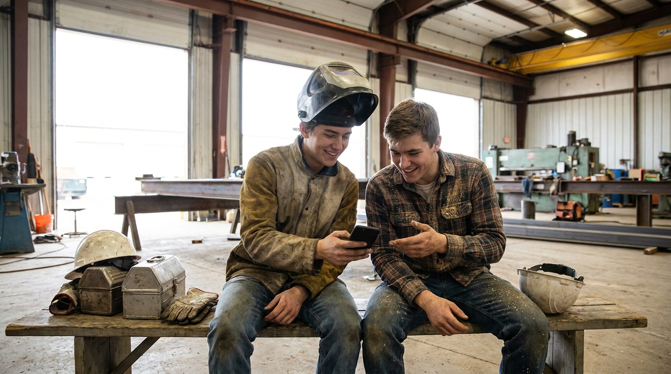 Two trades workers studying together on a phone during a break in a workshop