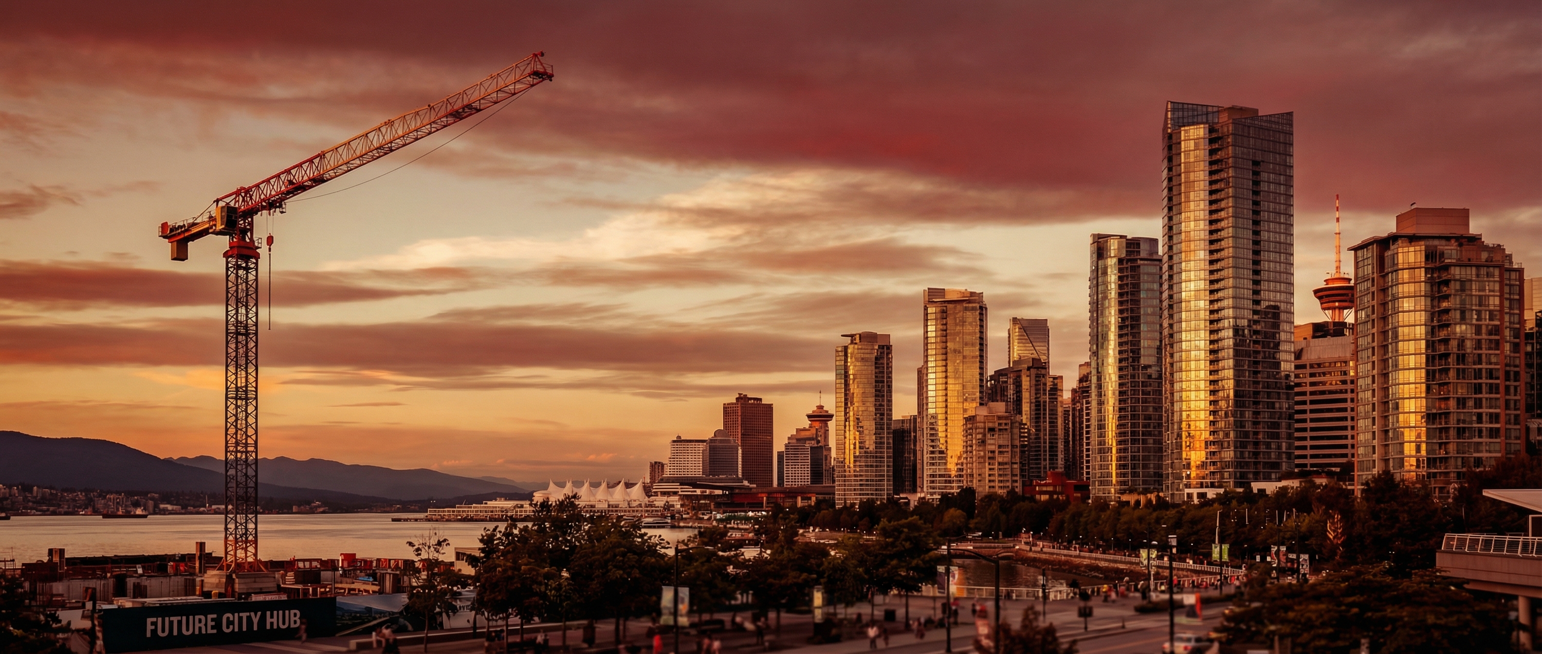 Canadian cityscape at golden hour with construction crane