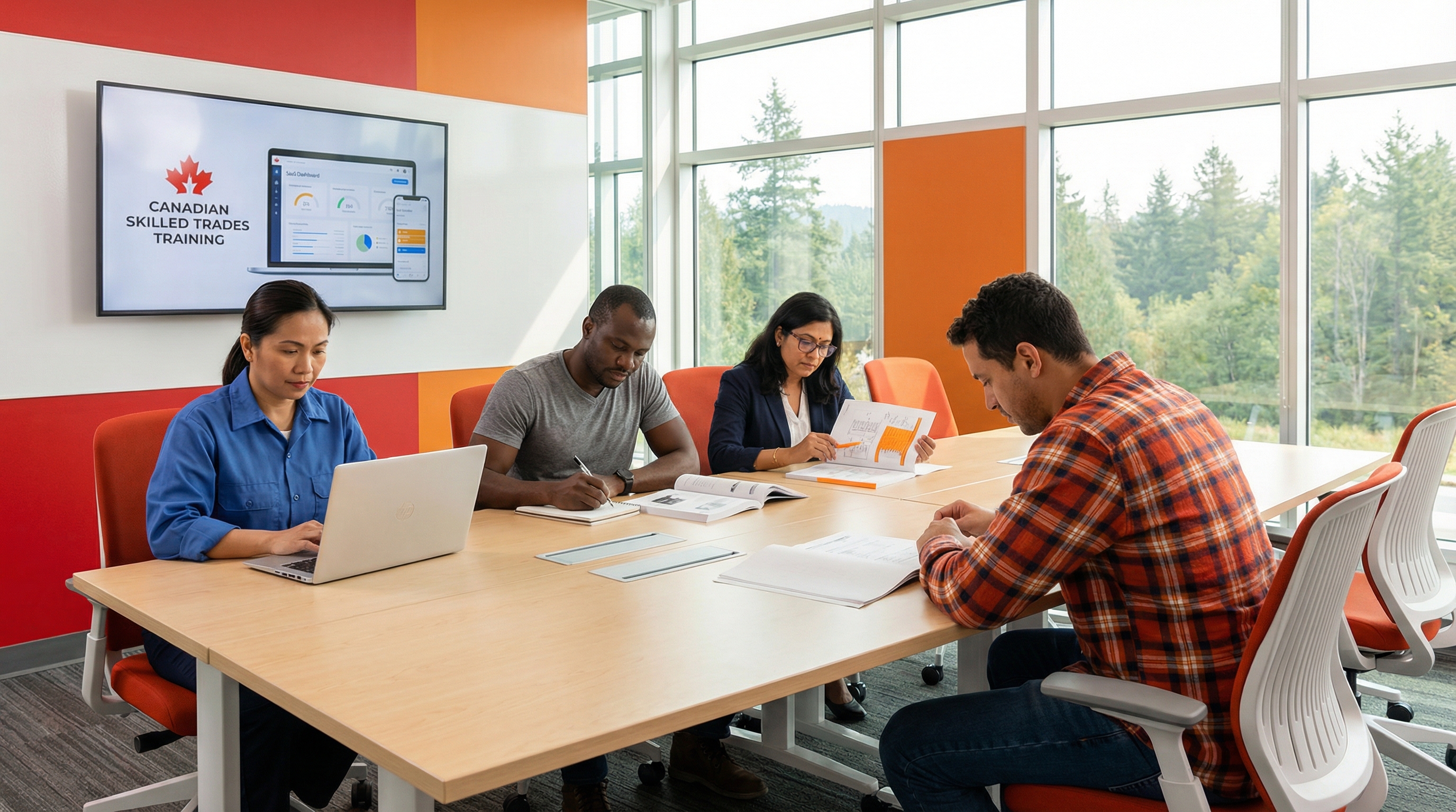 Diverse international workers studying together in a modern Canadian training center